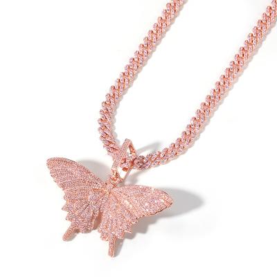 China Hop Pink Butterfly Hip Fashion Women Zircon Fine Polishing Brass Engraved Magnetic Animal Necklace for sale