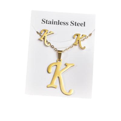 China Fashion 26 English Gold Stainless Steel Letter Necklace Earring Simple Fine Polishing Indian Stainless Steel Jewelry Sets for sale