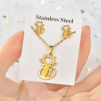 China Good Gold Stainless Steel Cat Dragonfly Indelible Polishing Fish Love Eyes Earrings Necklace Dubai Women Luxury Jewelry Set for sale