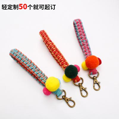 China Rope Personality niche wrist strap Keychain lanyard hand-braided DIY cotton cord hairball pendant Lanyard for sale