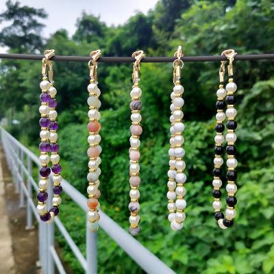 China Fashion commuting fashion beaded phone chain Natural Amethyst Amazonian obsidian white turquoise pearllanyard for sale