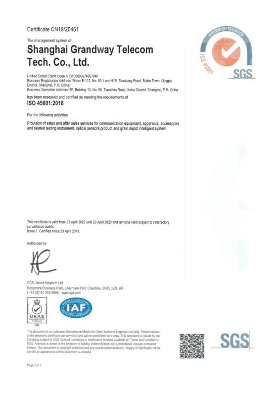 ISO 45001 - Zhejiang Grandway Telecommunication Technology Co.,Ltd.