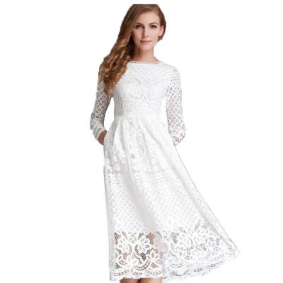 China Anti-Static 2023 European and American foreign trade autumn new women's dress round neck hollow simple lace long-sleeved slim-fit MIDI skirt for sale