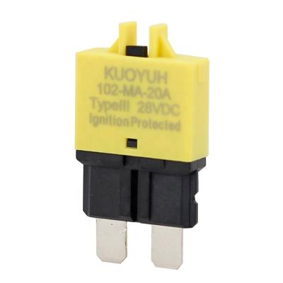 China Kuoyuh DC 28V 20A Blade Fuse Auto Waterproof Resettable Circuit Breaker 102-20A-AC for sale