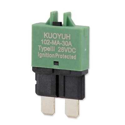 China Kuoyuh DC 28V 30A Blade Fuse Auto Waterproof Resettable Circuit Breaker 102-30A-AC for sale