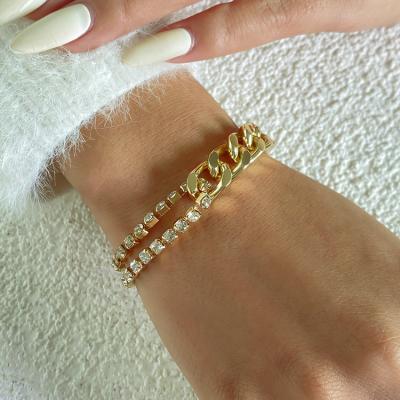 China FASHIONABLE Newcomer Chunky Gold Plated Cuban Chain Double Layer Rhinestone Good Luck Charm Bracelet for sale