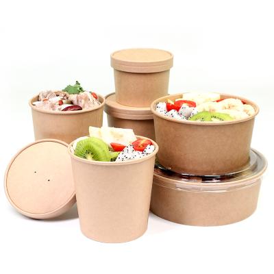 China Soup Paper Packaging Biodegradable Disposable Food Container Waterproof And Greaseproof Brown Bowl With Paper Lid for sale