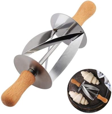 China Viable With Handle Cake Bread Croissant Roll Cutter Croissant Dough Cutter Oak Wood Slices Stainless Steel Baking And Pastry Tools Support for sale