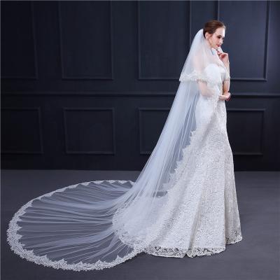 China Wholesale Two Tier Edge Embroidery Lace Edge White Bridal Veils Lace Up Wedding Veil For Bride for sale