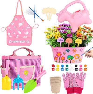 China Lightweight Portable 19Pieces Iron Mini Kids Gardening Tool Set Include Apron Shovel Tote Bag Watering Can Rake for sale