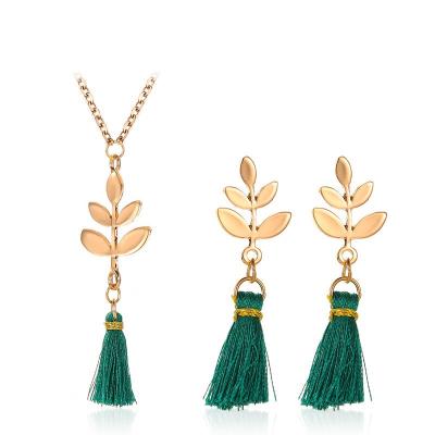 China BOHEMIA Fashion Bohemian Green Tassel Necklace and Earring Set Leaf Shape Combination Gold Plated Set for sale