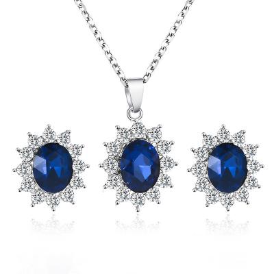 China TRENDY Bride Wedding Party Jewelry Set Women's Blue Crystal Zircon Plant Flower Earrings Necklace Pendant Set for sale