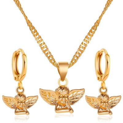 China Hot Selling Vintage Gold Plated Jewelry Cute Angel Baby Necklace Earrings Set Retro Two-piece Combo Set for sale