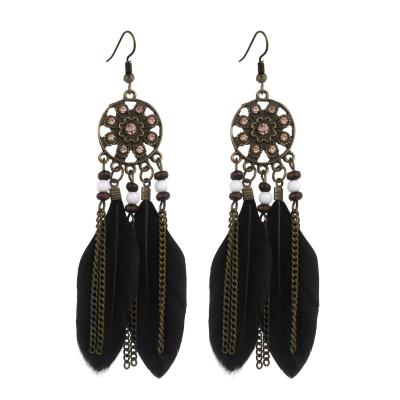 China Women's Round Diamond Feather Beaded Long Tassel Bohemian Indian Indian Earrings Vintage Earrings for sale