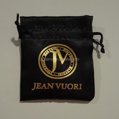 China Recyclable Black Satin Jewelry Pouch Bag With Gold Foil Logo for sale