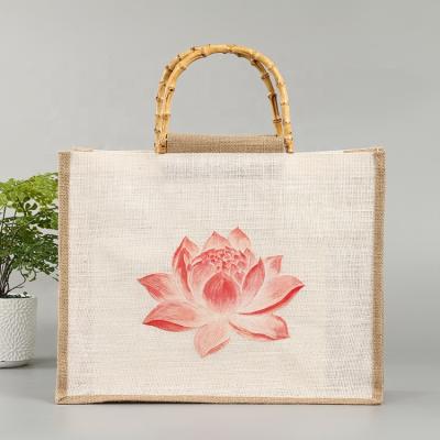 China Reclycled Sack Eco Friendly Hessian Jute With Bamboo Handle Jute Burlap Shopping Tote Bag Custom Printed for sale