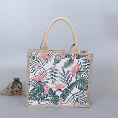 China Custom Logo Printed Burlap Jute Tote Digital Printing Reusable Reclycled Bag With Flowers for sale