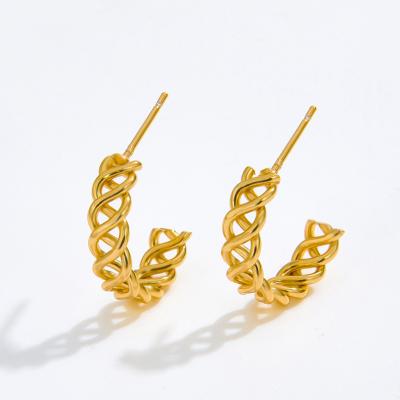 China TRENDY fashion 18k gold-plated earrings vintage hollow out fresh simple design texture personality earrings soft weaving women for sale