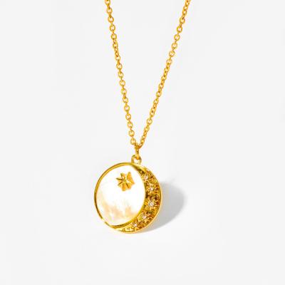 China CLASSIC Natural White Shell Star Moon Zircon Necklace Clavicle Chain Vintage Fashion Plated 18k Gold Jewelry Brass for sale