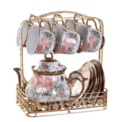 China Viable European Ceramic Coffee Set Flower Tea Cup Afternoon Tea Set British Gold Plated 13 Piece Coffee Cup Dish Gift for sale