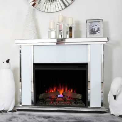 China Modern Modern White And Clear Mirrored Fire Surround With Mirror 1 Electric Fireplace Set for sale