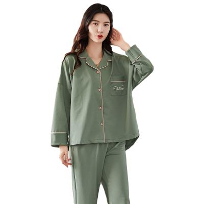 China Shunvfang QUICK DRY printed pajamas women autumn long sleeved high waist elastic pocket bottom collar button home service 2pcs suit for sale