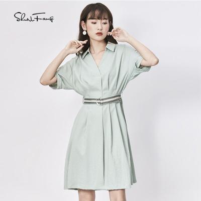 China Casual Solid Color Short Sleeve V-Neckline Sweet Anti-Static Ladies Top With Belt for sale