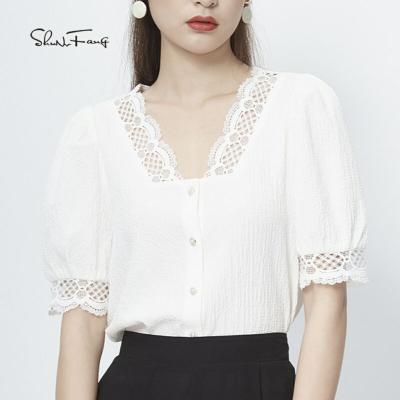 China Anti-pilling factory direct sales of new women's lace trim 100% short sleeves polyester fiber blouse white blouse women's blouse for sale