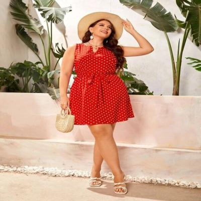 China Plus Size Designer Dress Plus Size Polka Dot Notch Neck Belted DressPlus for sale