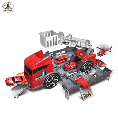 China 2020 hot popular Amazon fire truck self assembling 2 in 1 car garage diy toy set with 2 cars for sale