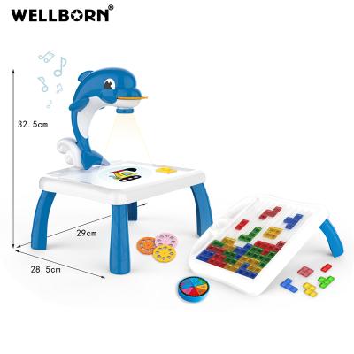 China Luxury Projector LED Painting Table Building Block Kids Toys Kids Drawing Board Desk With Square Block for sale