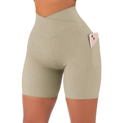 China Custom Logo Women V Shape Antibacterial High Waisted Workout Shorts Nylon Spandex Ribbed Sexy Yoga Athletic Shorts for sale