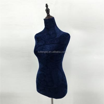 China Half Body Upper Body Inside Embossing Foam Material Velvet Navy Blue Half Body Dummy Triangle Wooden Base for sale