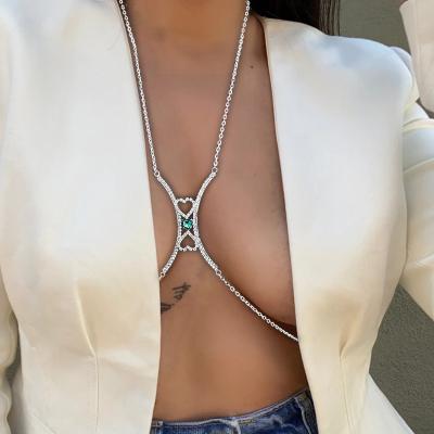 China Hyperbole Women Shape Body Jewelry Bling Bling Crystal Rhinestone Heart Bra Chain Gemstone Body Chain Jewelry Gold Plated for sale