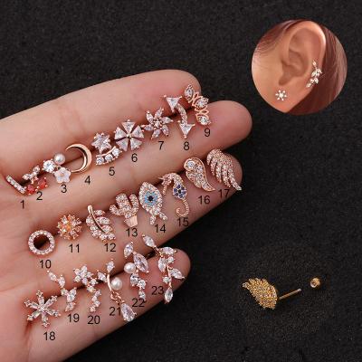 China Environmental Friendly Wholesale Ear Jewelry Piercing Animals Screw Earring Bling Iced Out CZ Zircon Evil Eyes Shaped Ear Bone Stud for sale