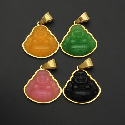 China Environmental Friendly Vintage Jewelry New Arrivals 18k Gold Plated Carved Geometric Jade Statue Pendant Textured Jade Laughing Buddha for sale