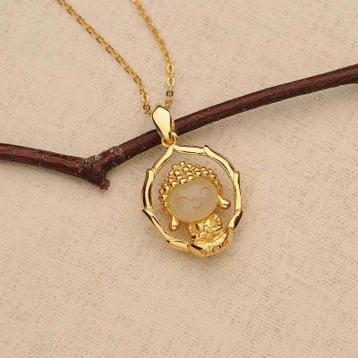 China Environmental Friendly Wholesale Religious 24k Gold Plated Natural White Jade Pendant Necklaces Lucky Agate Buddha Statue Pendant Necklace for sale