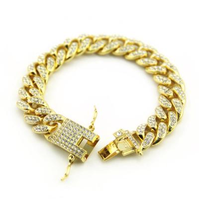 China 2020 Hotselling Nickel Free Hips Hops 12mm Mens Cuban Chain Bracelet Gold Plated Full Pave Crystal Cuban Link Chain Bracelet for sale