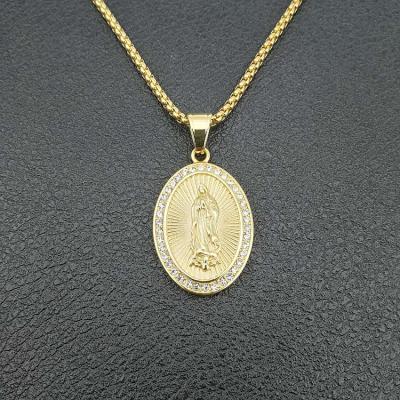 China Virgin Mary Necklace Hips Hops Pave Crystal Stainless Steel Virgin Mary Necklace European Religious Gold Plated Vintage Nickel Free Real for sale