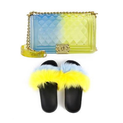 China With USB 2020 Rainbow Women's Bag Colorful Jelly Candy Purse Fur Shoes Set Shoulder Handbag Wholesale PVC Silicone Handbags for sale