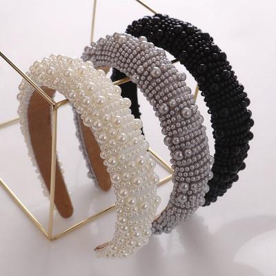 China Environmental Friendly CIA Korean Velvet White Baroque Pearl Padded Headband 4.5CM Wide Multicolor Beaded Padded Crystal Hair Bands for sale