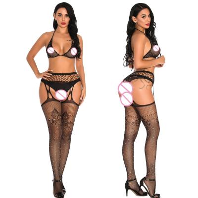 China Net Women's Rhinestone Bra And Pantyhose Hollow Out Crystal Pantyhose 2pcs Costume Lingerie Stockings for sale