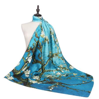 China New design women's satin silk scarf fashionable blue super soft spot silk scarf for elegance women for sale