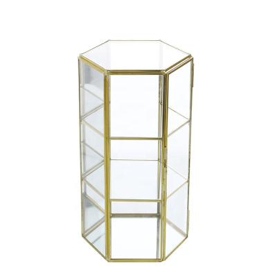 China Artistic Elegant Luxury Gold Frame Multilayer Hexagonal Glass Jewelry Box Three-tiered Case For Rings, Earrings, Necklace, Bracelets for sale