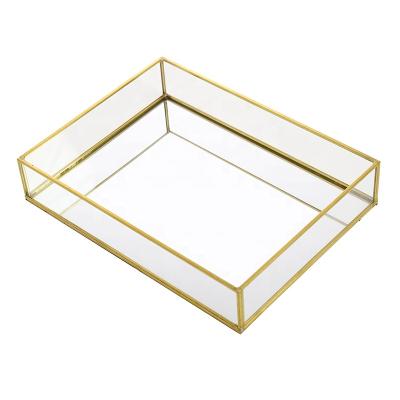 China Artistic Wholesale Cheap Rectangular Copper Mirror Jewelry Frame Glass Bottom Storage Box for Decor Nightstand or Home Makeup Vanity for sale