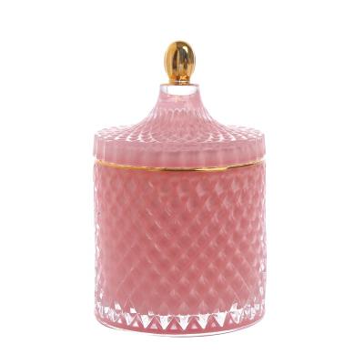 China Morden Wedding Cylinder Luxury Delicate Pink Glass Candle Jar Holder Votive Gold Rim With Lid For Holiday Banquet Table Decoration for sale