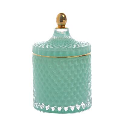 China Delicate Morden Cylinder Mint Green Glass Candle Jar Holder Votive Gold Rim With Lid For Holiday Home Banquet Table Decoration for sale