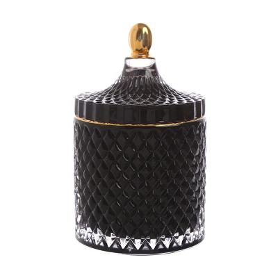 China Morden Cylinder Luxury Delicate Black Glass Votive Candle Jar Holder Gold Rim With Lid For Holiday Home Banquet Table Decoration for sale