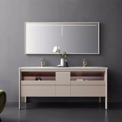 China Modern Double Basin Design MDF Bathroom Vanity Cabinet With Led Light Mirror for sale