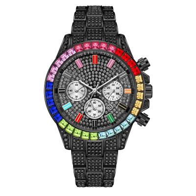 China Water Resistant Most Hot Selling Black Diamond Watch Luxury Bling Bling Men's Watch With Colored Crystal for sale